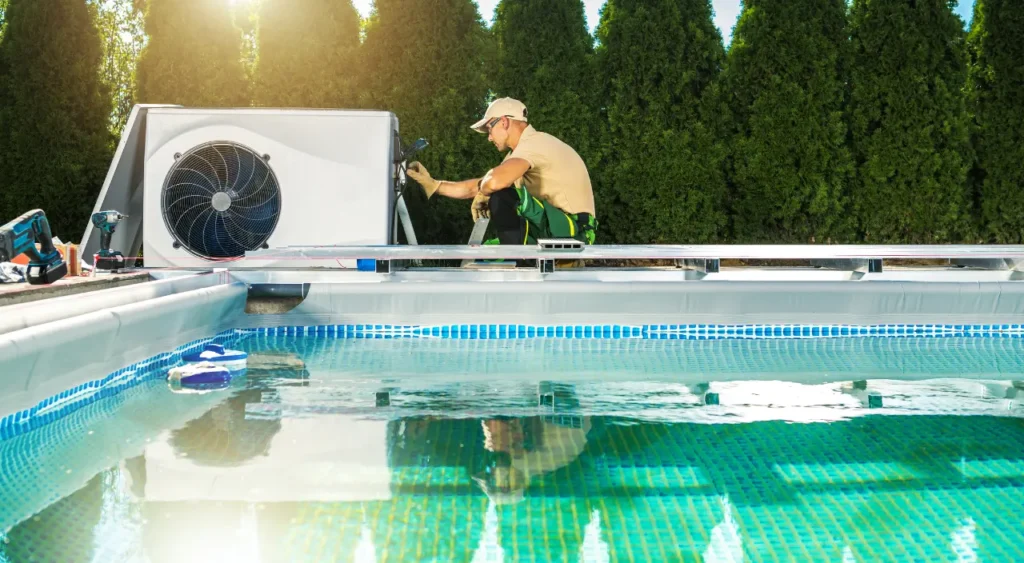 Professional pool technician servicing pool heating equipment with tools and maintenance checklist