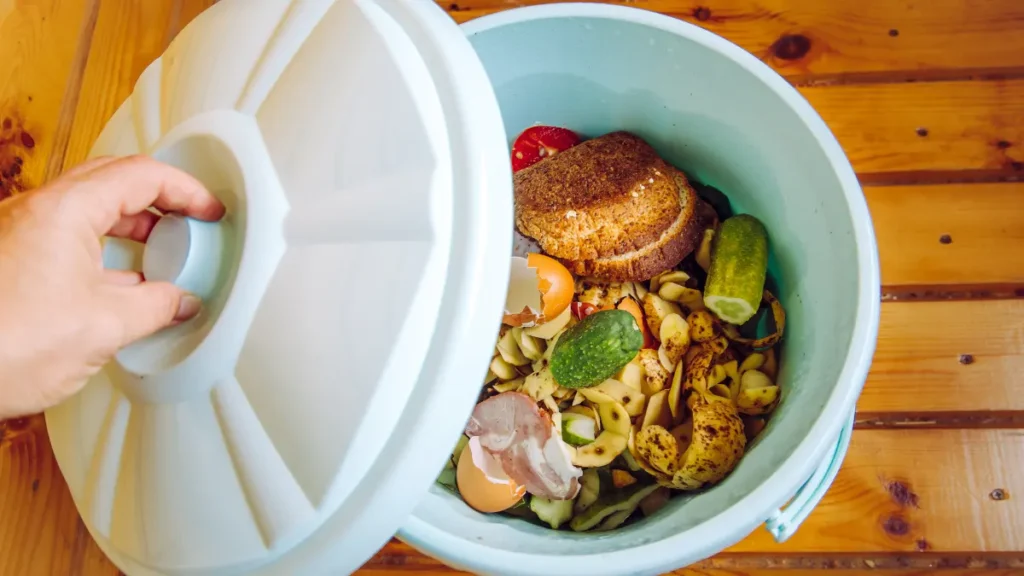Restos de cozinha como adubo sendo adicionados a uma composteira caseira.