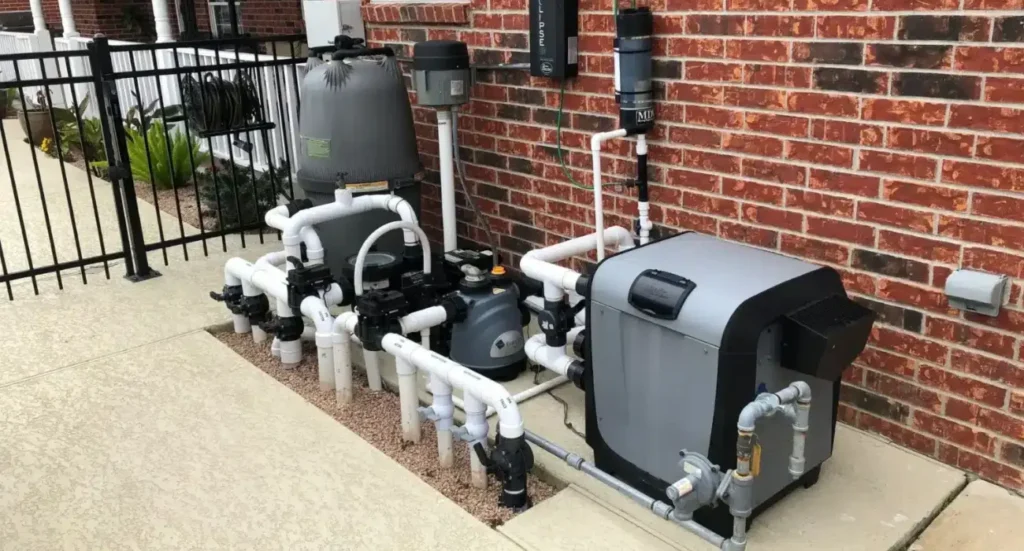 Professional gas pool heater installation showing compact unit beside residential swimming pool