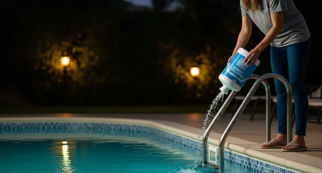 Person adding diluted granular chlorine to the pool at night for shock treatment